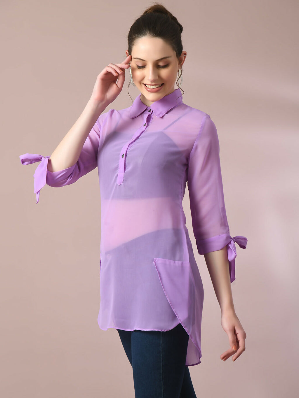 Myshka Women's Lavender Solid Georgette Longline Party Sheer Tunic | Grocsy