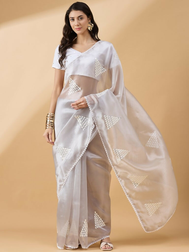 Grey Tissue Slub Embroidered Saree with Unstitched Blouse - Vairagi | Grocsy
