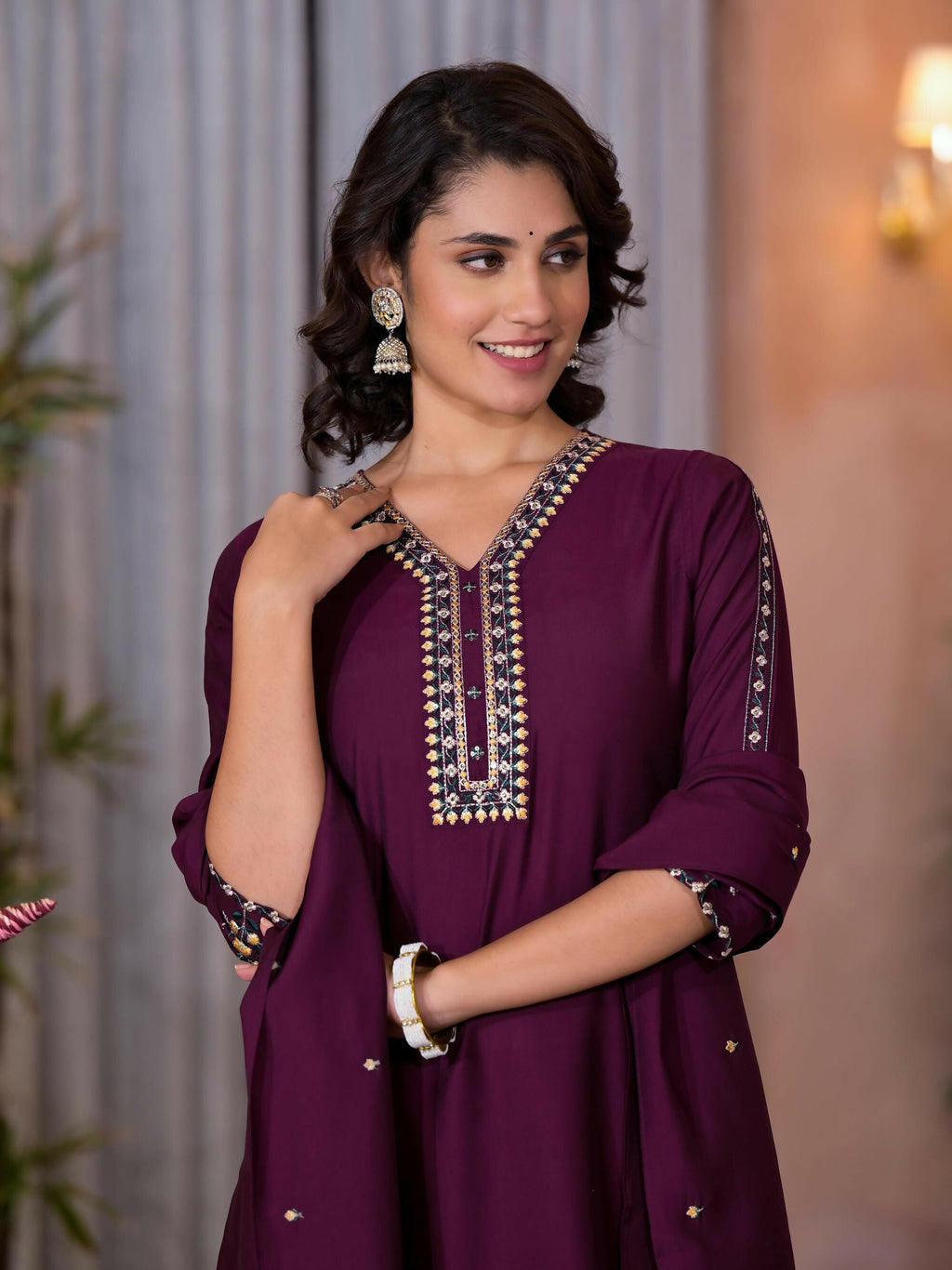 Juniper Women's Wine Thread Embroidered Viscose Kurta Pant And Dupatta Set With Sequins Work & Zari Work | Grocsy