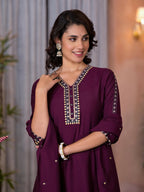 Juniper Women's Wine Thread Embroidered Viscose Kurta Pant And Dupatta Set With Sequins Work & Zari Work | Grocsy