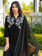 Nikhaar Black Embroidered Viscose Georgette Stitched Straight Cut Kurta Culottes Dupatta Readymade Suit | Grocsy