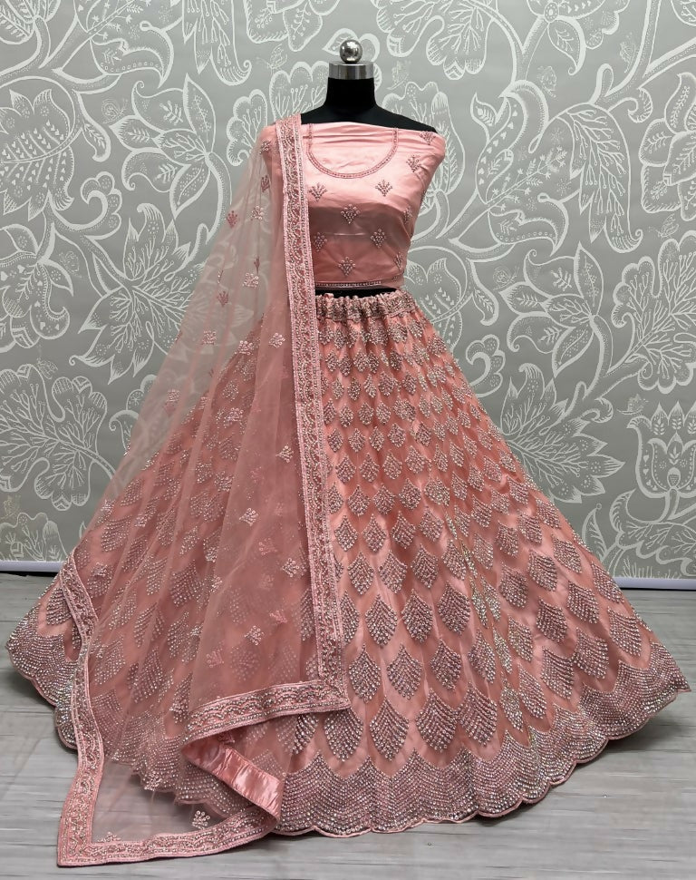 Jyoti Fashion Women's Pink Bridal Net Fancy Dori & Multi Thread Embroidered with Zircon Diamond Work Wedding Lehenga Choli | Grocsy