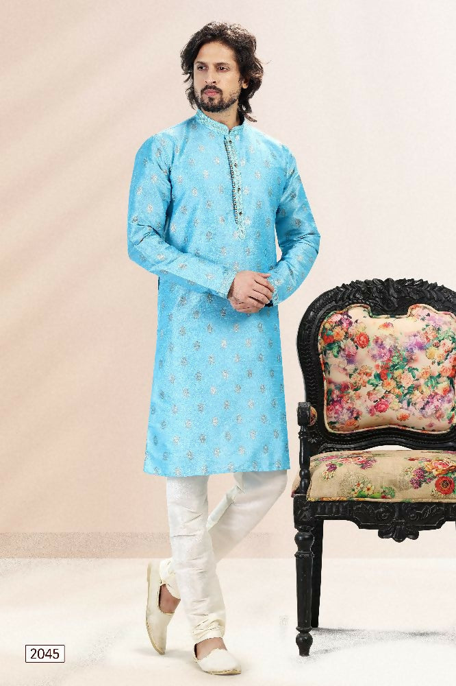 Raivat Ethnic Jacquard Banarasi Silk Pintux Work Kurta Pajama In Blue Colour | Grocsy