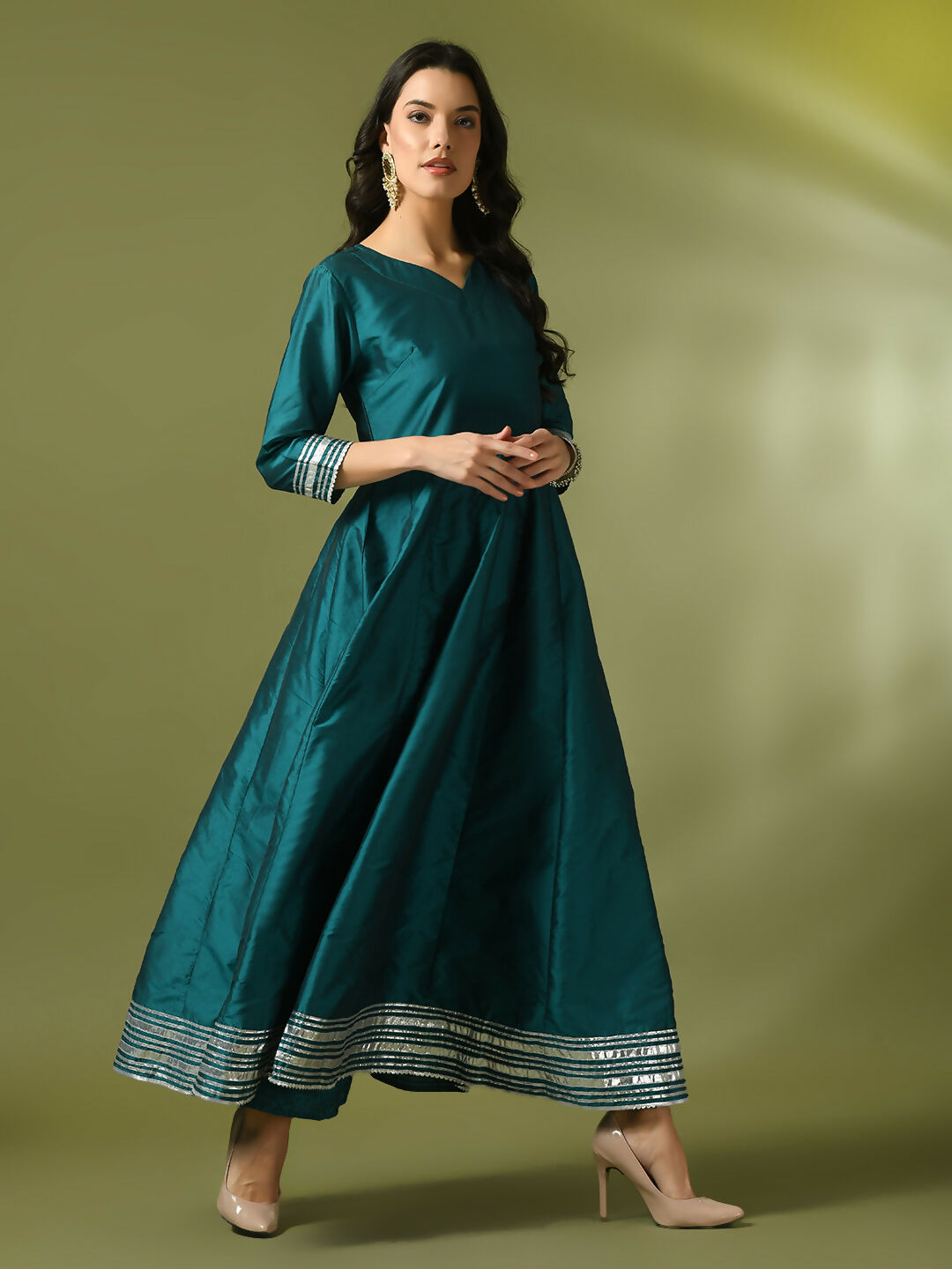 Myshka Women's Teal Solid Silk Anarkali Party Kurta | Grocsy