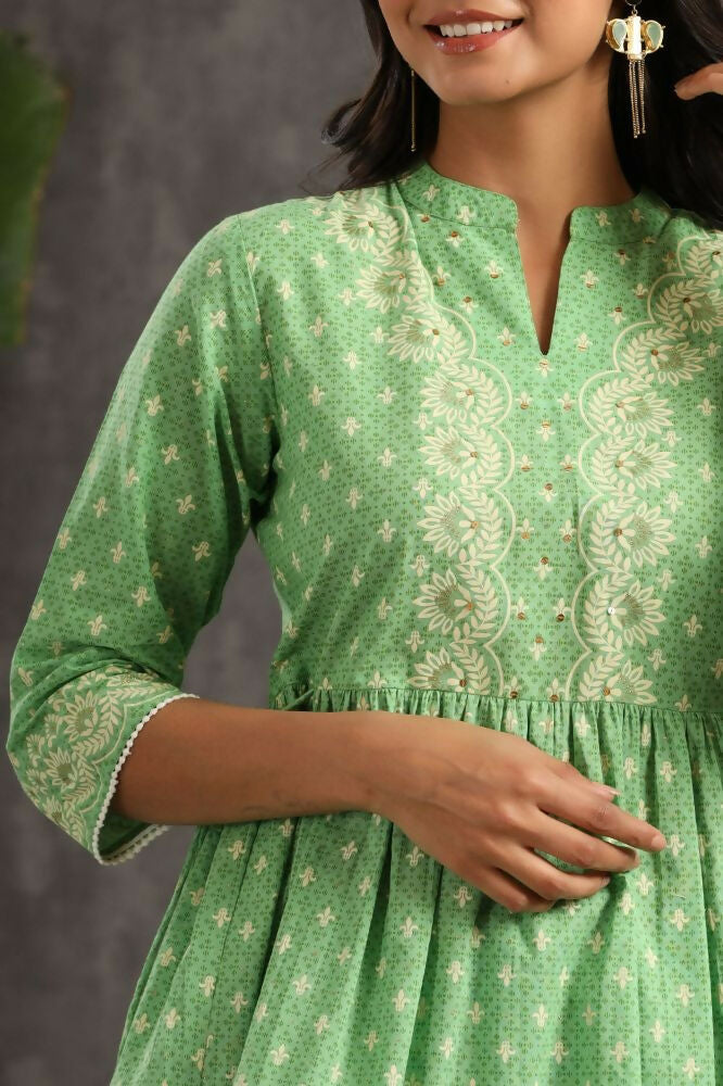Juniper Green Ethnic Motif Printed Pure Cotton Tunic & Sharara With Sequins & Lace Detail | Grocsy
