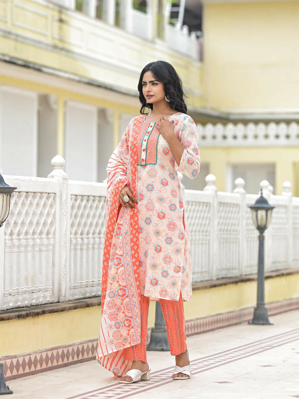 Juniper Women's Peach Floral Printed Cotton Kurta Pant With Dupatta Set With Sequins & Thread Work | Grocsy