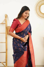 DEIANA'S Beautiful Designer Golden zari Soft Lichi Silk Saree - Blue | Grocsy
