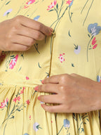 Manet Three Fourth Maternity Dress Floral Print With Concealed Zipper Nursing Access - Yellow | Grocsy