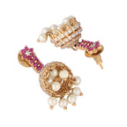 Nuyug 22K Gold Plated Pearl 7 Colored Stone Studded Contemporary Shaped Pink Mini Jhumkas | Grocsy