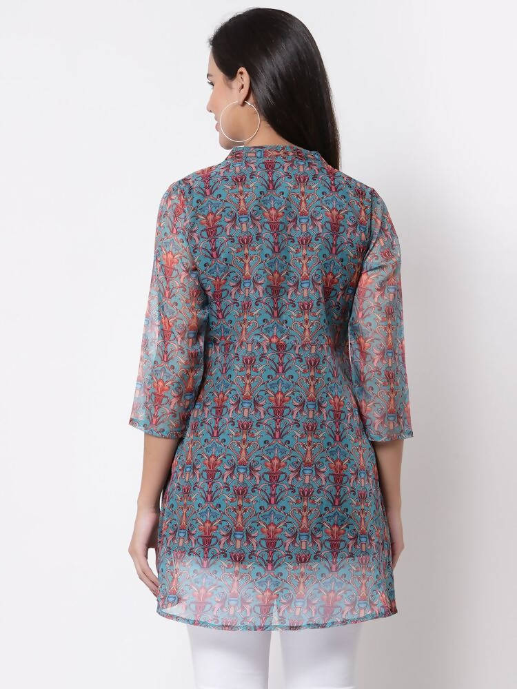 Myshka Women's Beautiful Organza Printed 3/4 Sleeve Round Neck Casual Multicolor Tunic | Grocsy