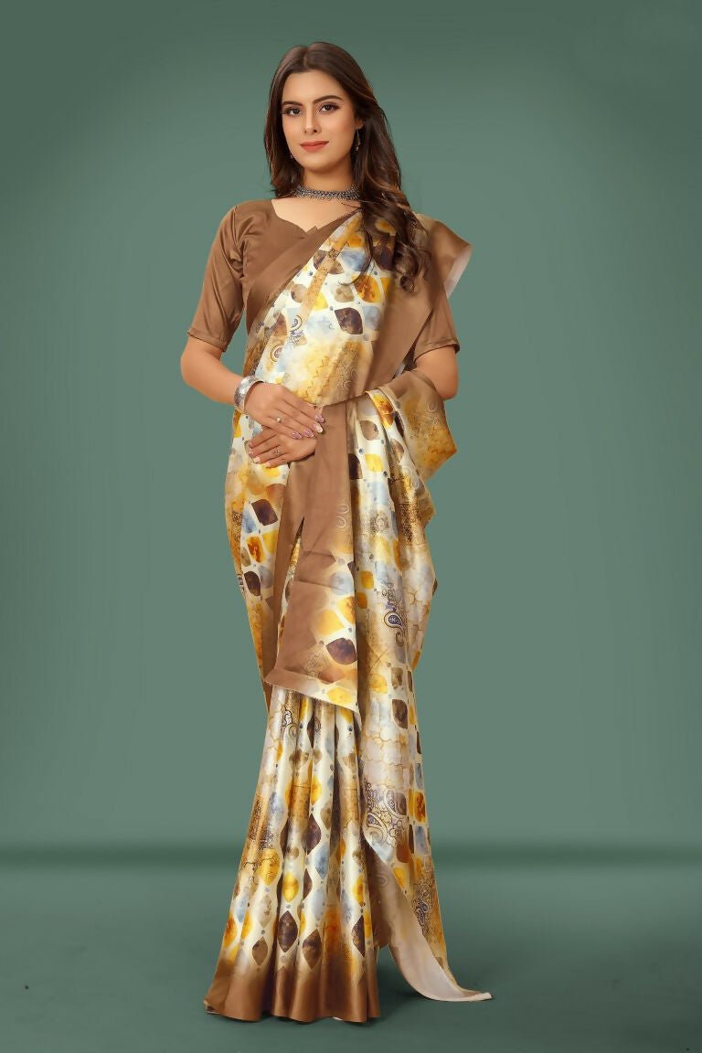 Aayaa Designer Printed Satin Saree - Multi Color | Grocsy