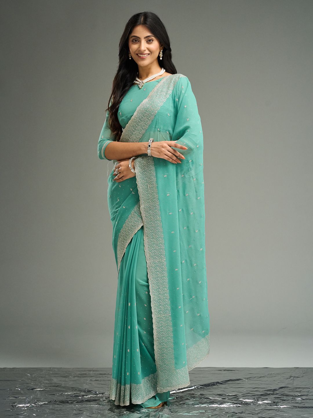 kasee Floral Embroidered Beads and Stones Pure Georgette Saree | Grocsy