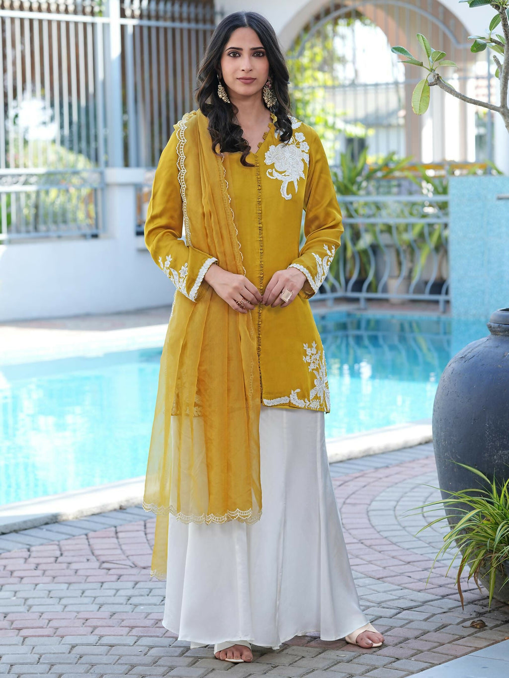Nikhaar Dark Yellow Embroidered Modal Silk Stitched Straight Cut Kurta Kalidar Palazzo Dupatta Readymade Suit | Grocsy