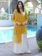 Nikhaar Dark Yellow Embroidered Modal Silk Stitched Straight Cut Kurta Kalidar Palazzo Dupatta Readymade Suit | Grocsy