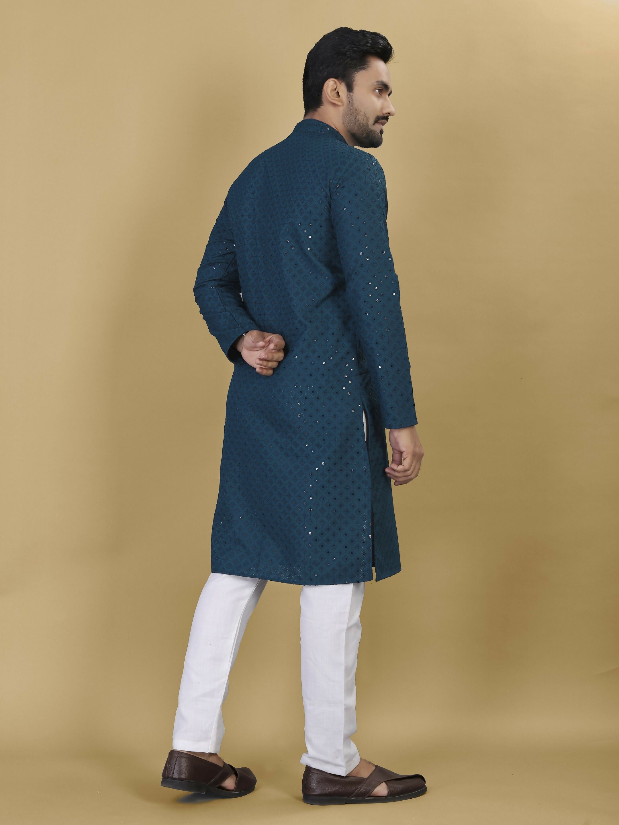 Anaita Teal Embroidered Rayon Straight Kurta | Grocsy