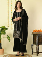 Myshka Women's Black Georgette Kurta & Palazzos With Dupatta Party Sets | Grocsy