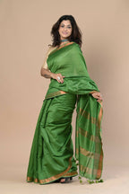 Very Much Indian Handloom Cotton Silk Maheshwari Saree With Sleek Golden Border - Leaf Green | Grocsy