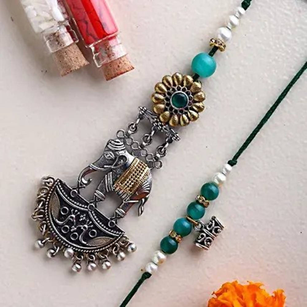 Turquoise Motif Lumba Rakhi Set | Grocsy