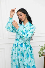 Myshka Women Blue Floral Rayon A-Line Shirt Collar Dress | Grocsy
