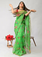Vamsee Nakshatra Latakn Green Organza Saree | Grocsy