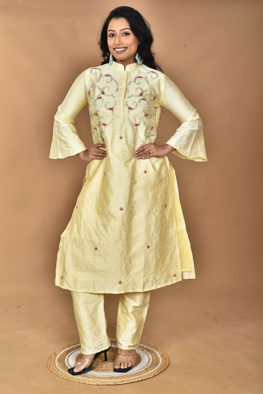 Morchari Women And Hand Embroidery Co-Ord Set-Lemon- Yellow | Grocsy