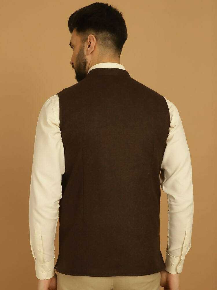 Even Apparels Pure Wool Nehru Jacket - Brown | Grocsy