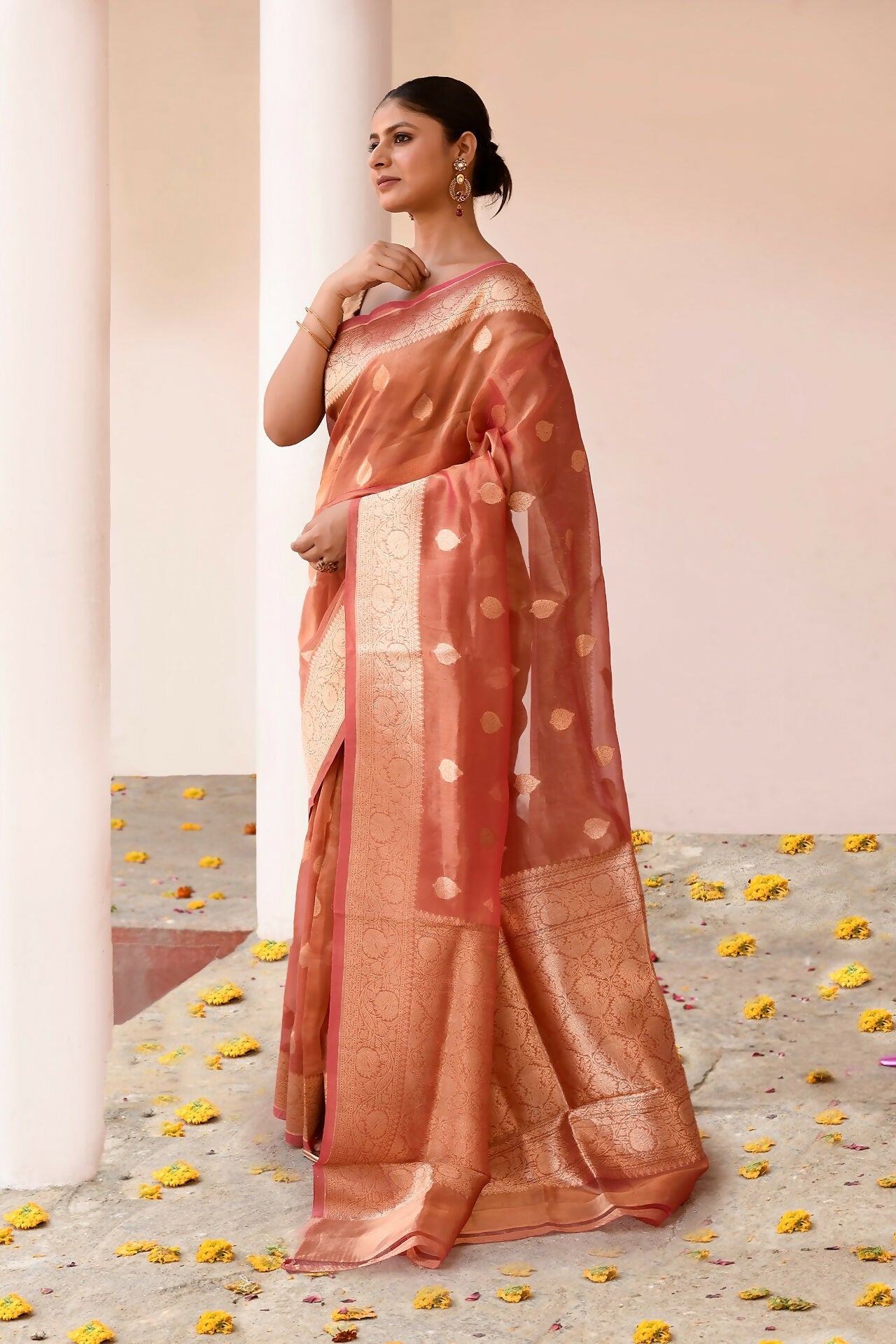 Joban Fashion Rose Gold Banarasi Tissue Pure Handloom Banarasi Silk Saree | Grocsy