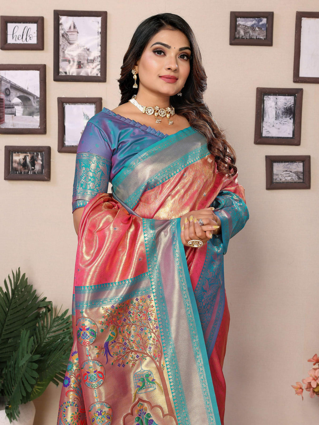 Aastha Fashion Pink Tissue Silk Weaving Saree | Grocsy