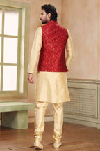 Raivat Ethnic Jacquard Banarasi Silk Woven Work 3 Pics Jacket Set In Maroon Colour | Grocsy