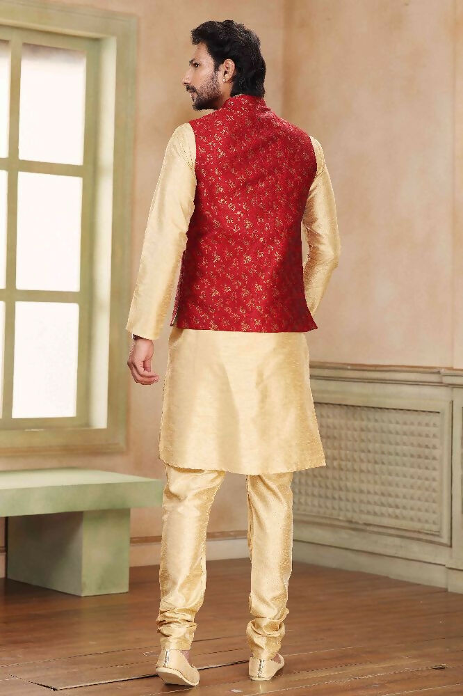 Raivat Ethnic Jacquard Banarasi Silk Woven Work 3 Pics Jacket Set In Maroon Colour | Grocsy