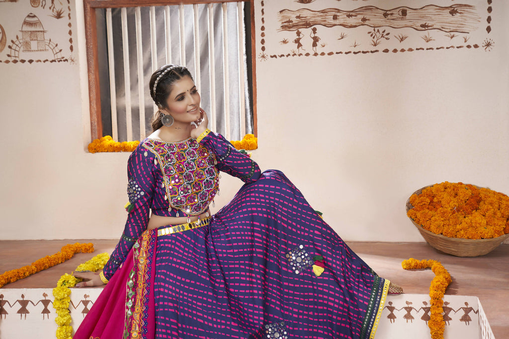 Blue Rayon All over Print with Embroidery Patch Work Navratri Lehenga Choli with Dupatta - Raas | Grocsy