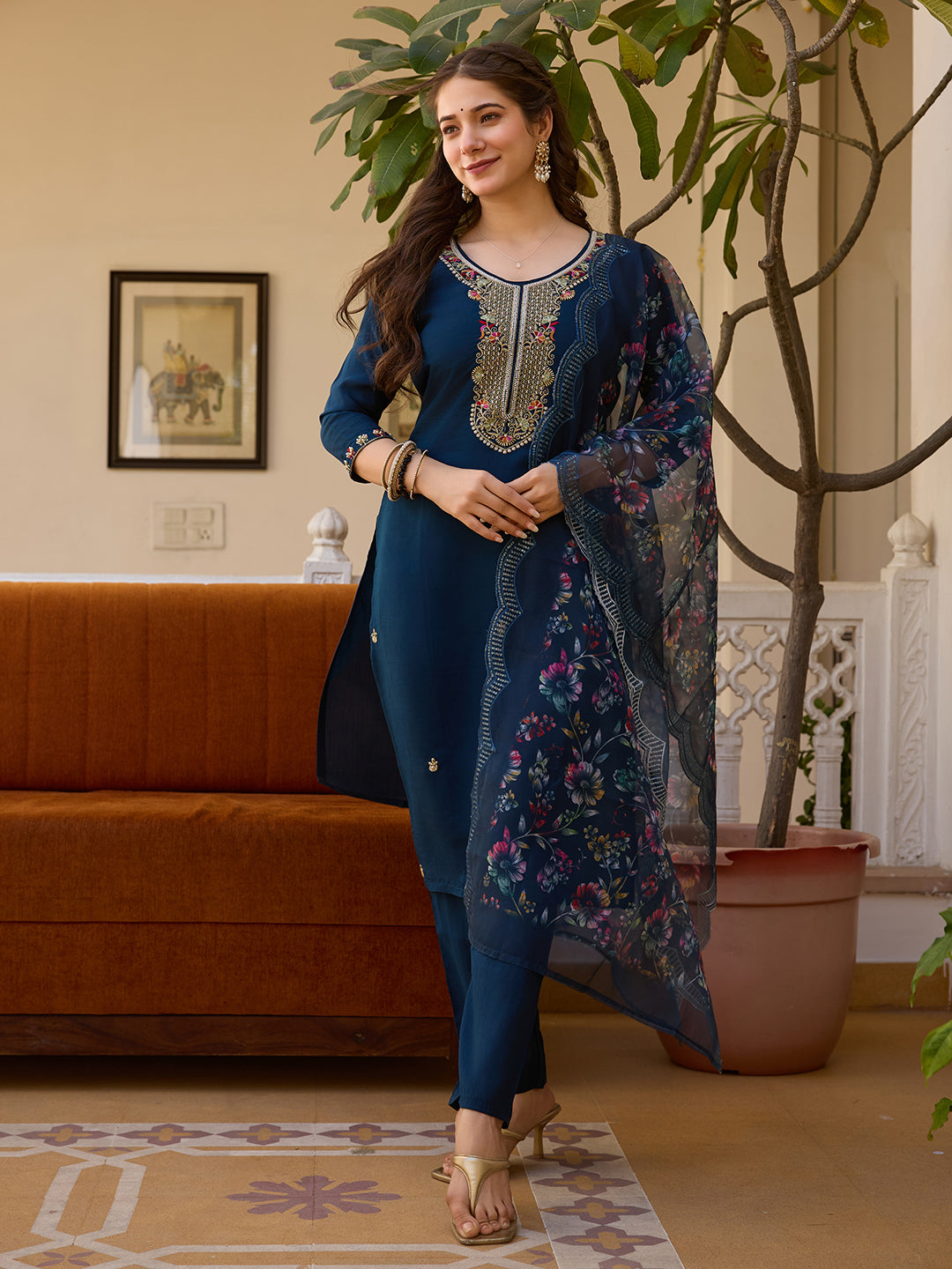 The52 Viscose Chanderi Fabric Straight Kurta, Pant and Dupatta Set | Grocsy