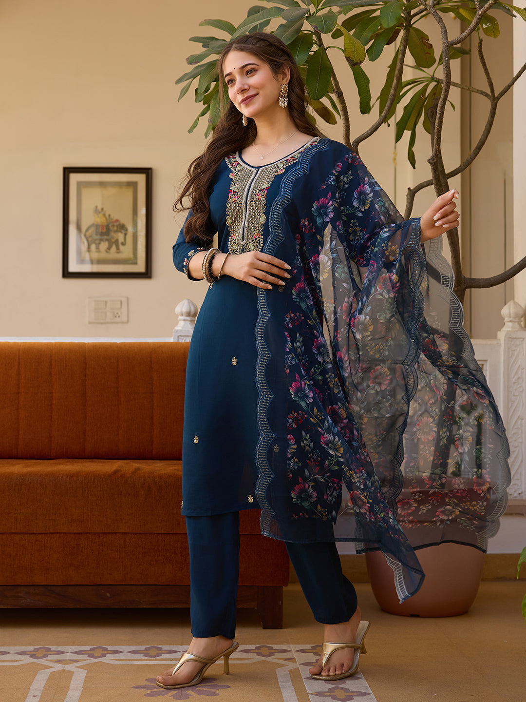 The52 Viscose Chanderi Fabric Straight Kurta, Pant and Dupatta Set | Grocsy