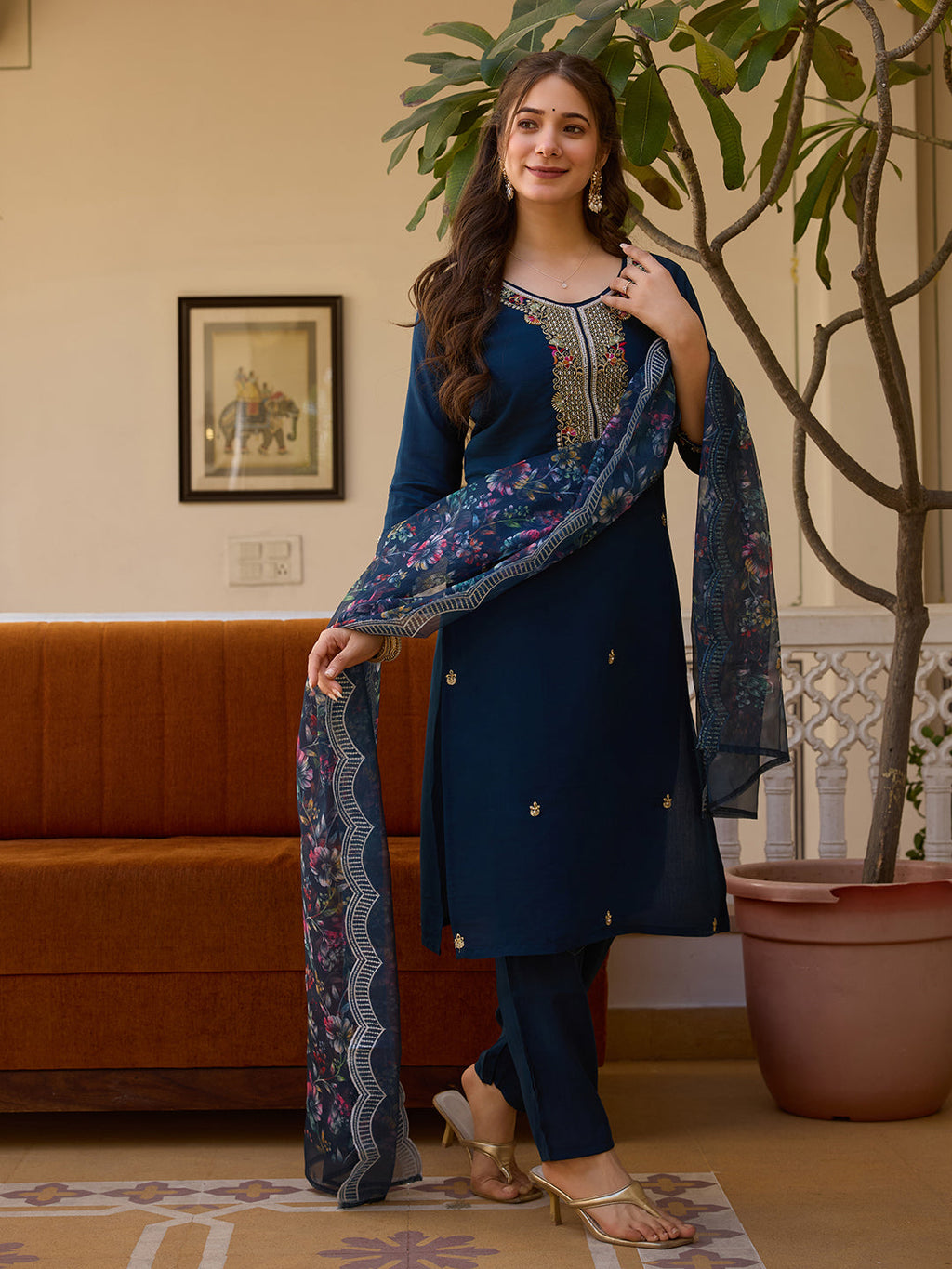 The52 Viscose Chanderi Fabric Straight Kurta, Pant and Dupatta Set | Grocsy