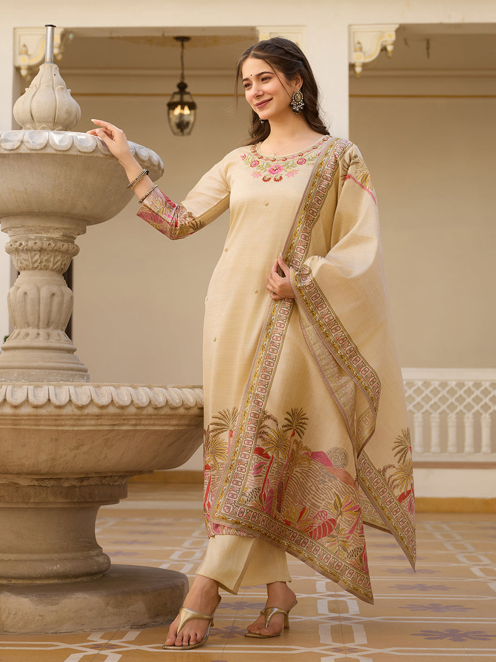 The52 Viscose Assam Silk Fabric Straight Kurta, Pant and Dupatta Set | Grocsy