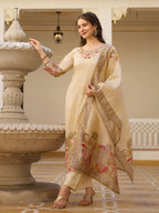 The52 Viscose Assam Silk Fabric Straight Kurta, Pant and Dupatta Set | Grocsy