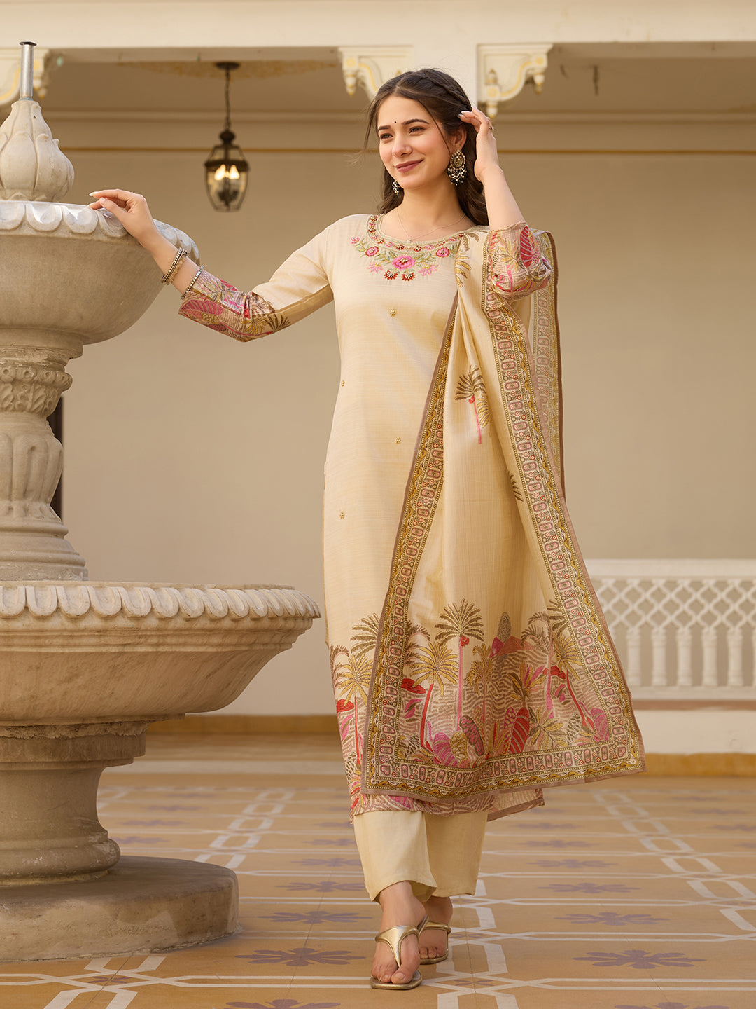 The52 Viscose Assam Silk Fabric Straight Kurta, Pant and Dupatta Set | Grocsy