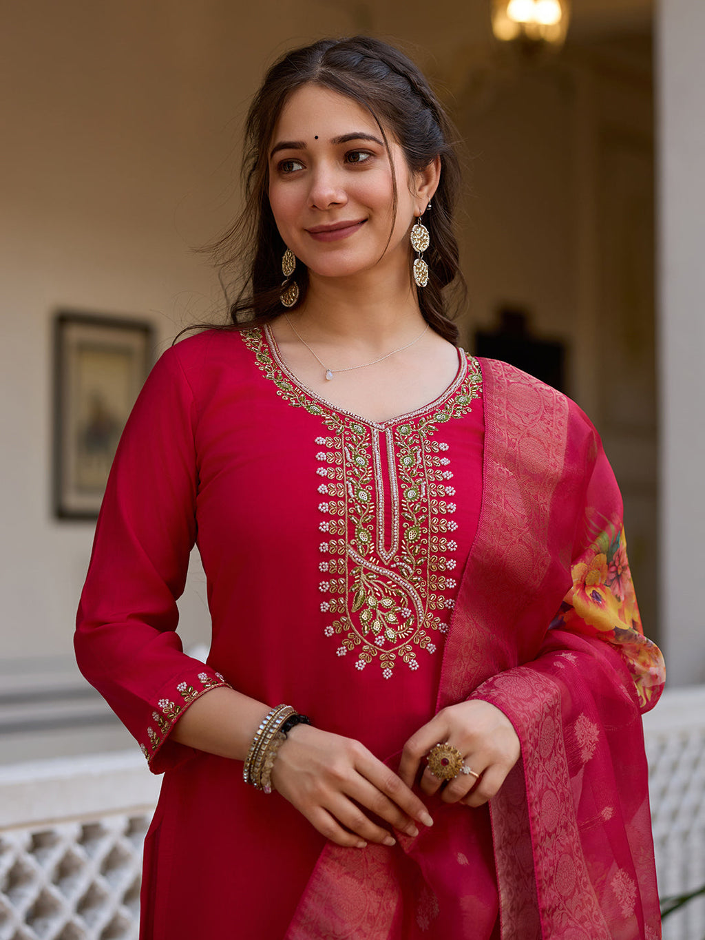 The52 Beautiful Viscose Chanderi Fabric Straight Kurta, Pant and Dupatta Set | Grocsy