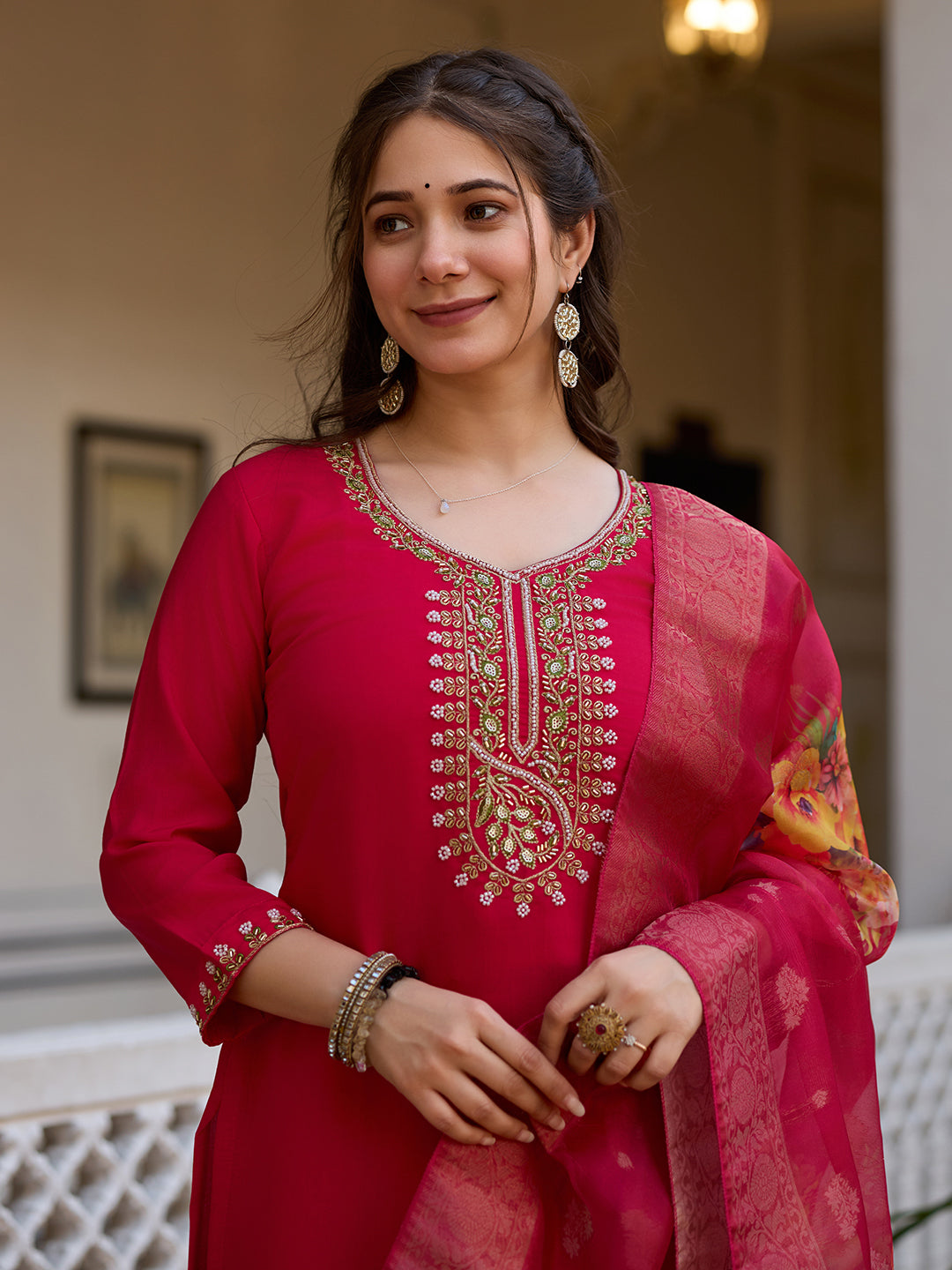 The52 Beautiful Viscose Chanderi Fabric Straight Kurta, Pant and Dupatta Set | Grocsy