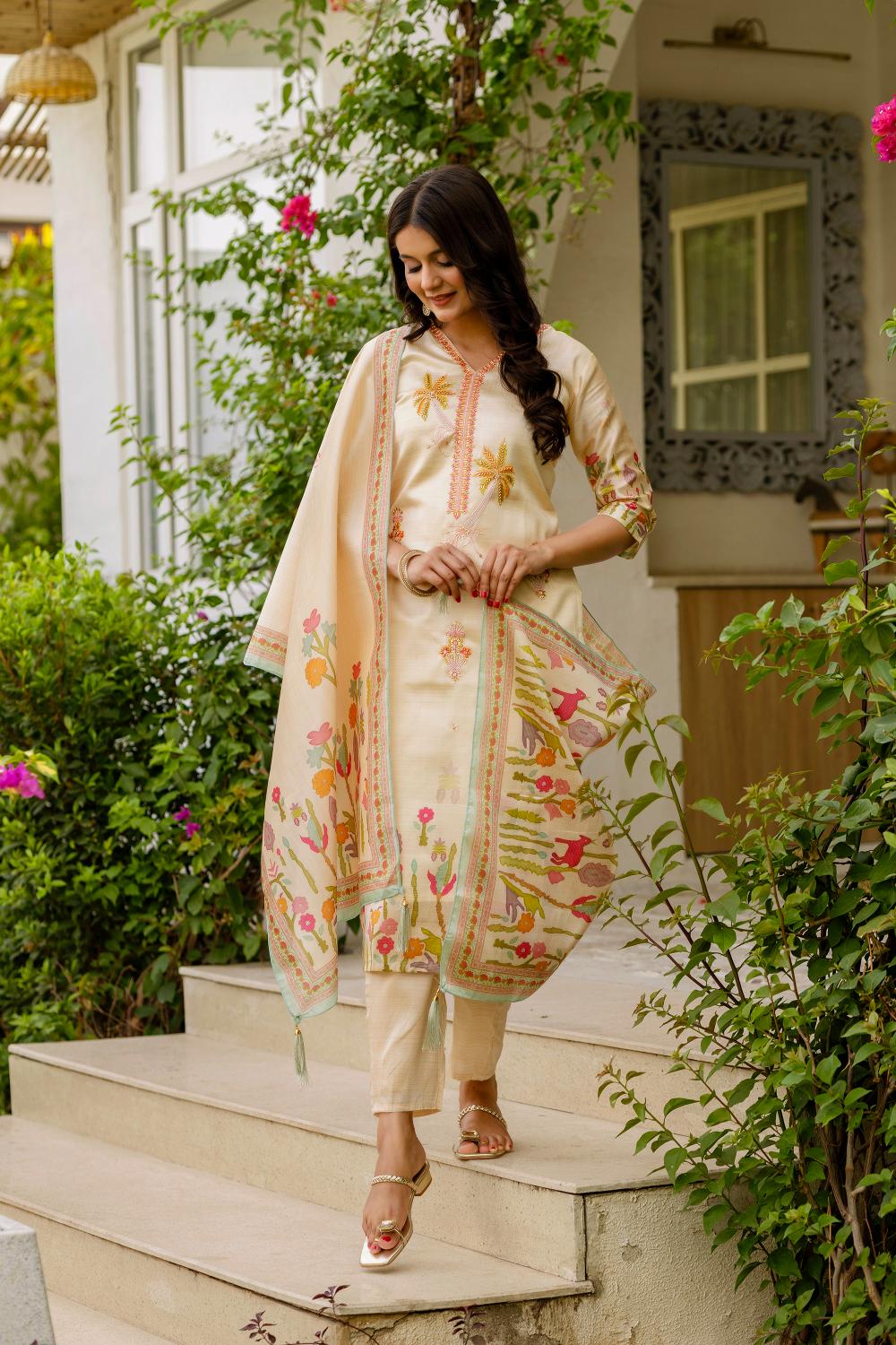 The52 Women's Viscose Assam Silk Embroidered Straight Kurta with Pant And Dupatta Set | Grocsy