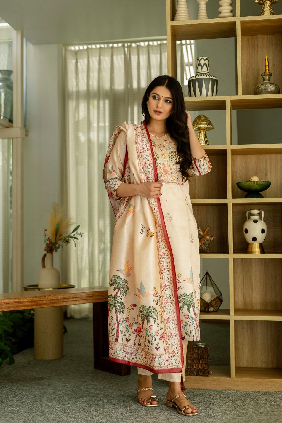 The52 Women's Beautiful Viscose Assam Silk Embroidered Straight Kurta with Pant And Dupatta Set | Grocsy