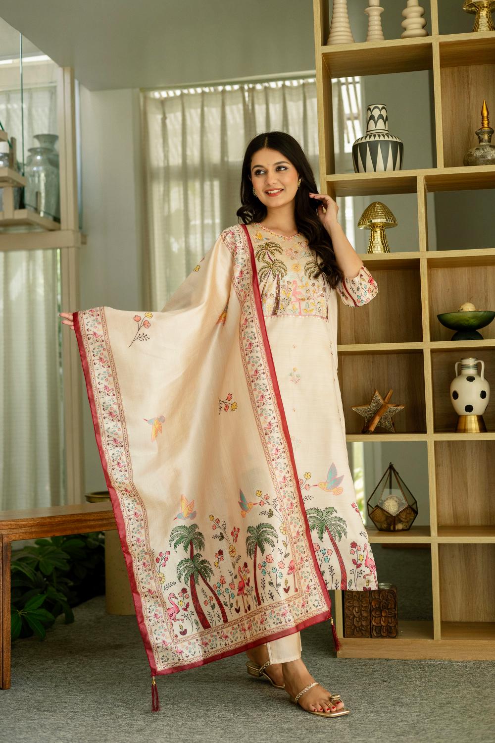 The52 Women's Beautiful Viscose Assam Silk Embroidered Straight Kurta with Pant And Dupatta Set | Grocsy