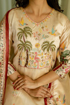 The52 Women's Beautiful Viscose Assam Silk Embroidered Straight Kurta with Pant And Dupatta Set | Grocsy