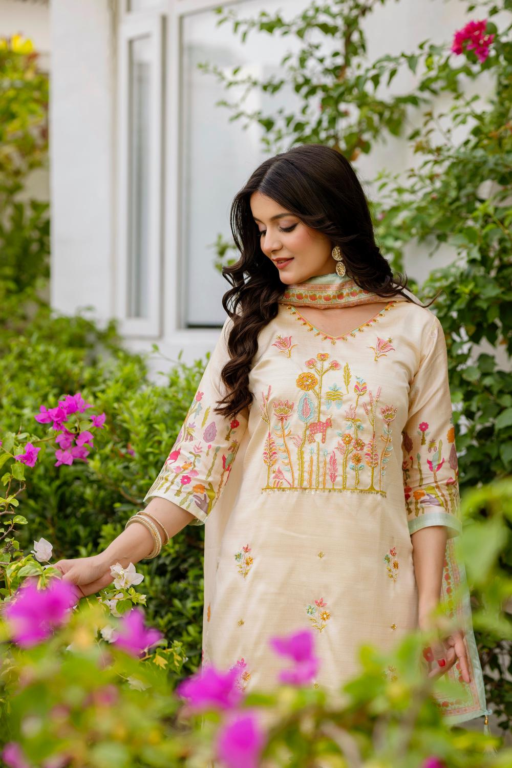 The52 Women's Beautiful Viscose Assam Silk Embroidered Straight Kurta with Pant And Dupatta Set | Grocsy