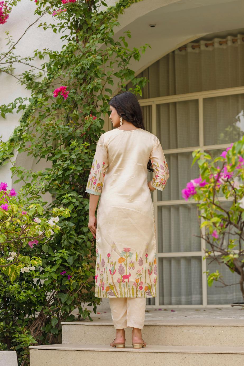 The52 Women's Beautiful Viscose Assam Silk Embroidered Straight Kurta with Pant And Dupatta Set | Grocsy