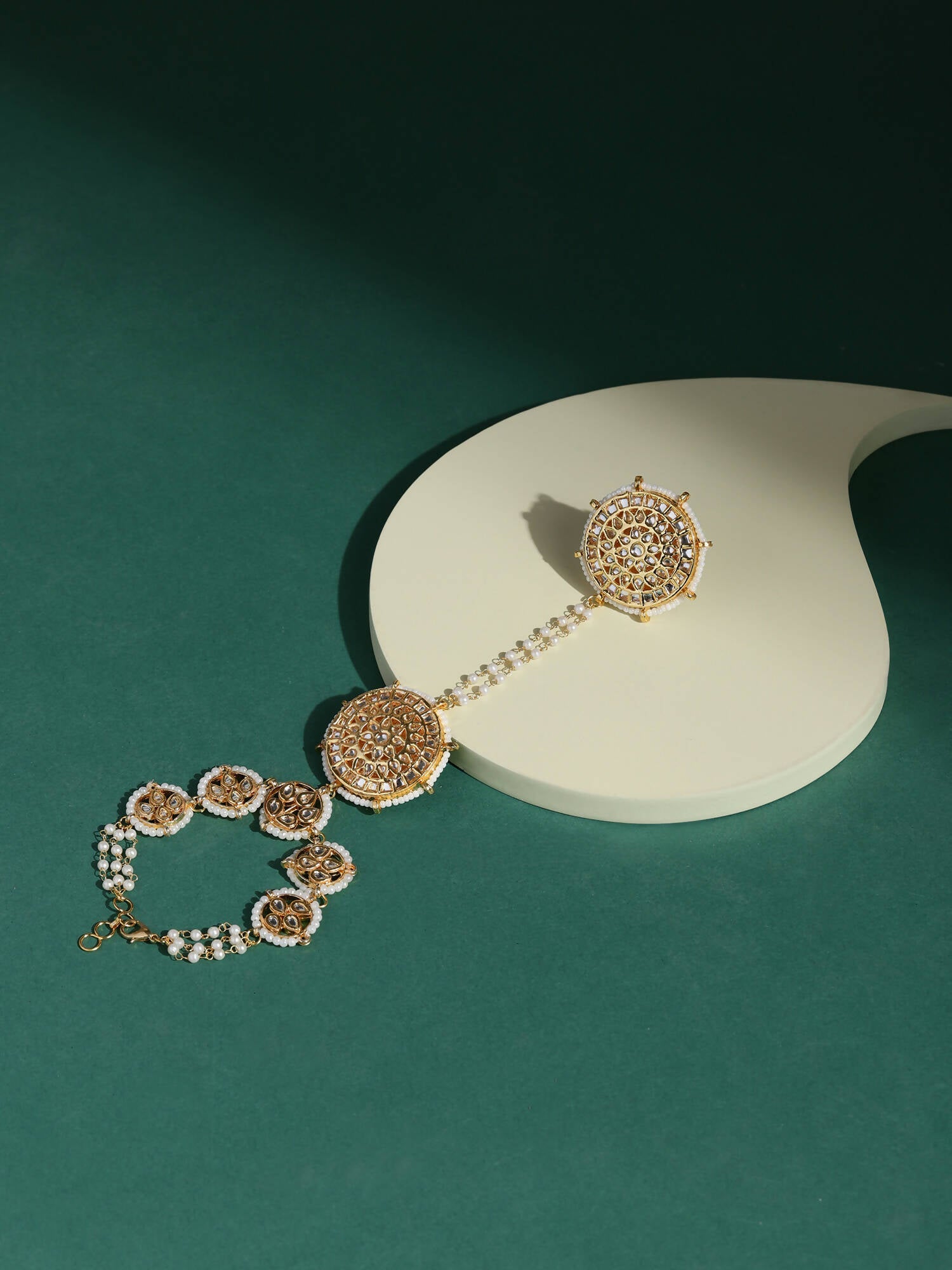 Women's Gold-Toned White Brass Kundan Gold-Polished Charm Bracelet - Ruby Raang | Grocsy