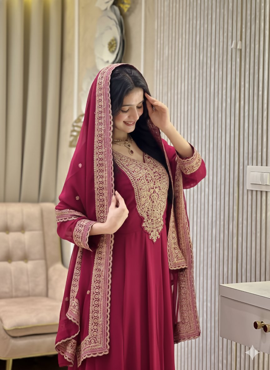 Teeya Creation Rani Color Faux Georgette Embroidery Work Long Party Wear Gown | Grocsy