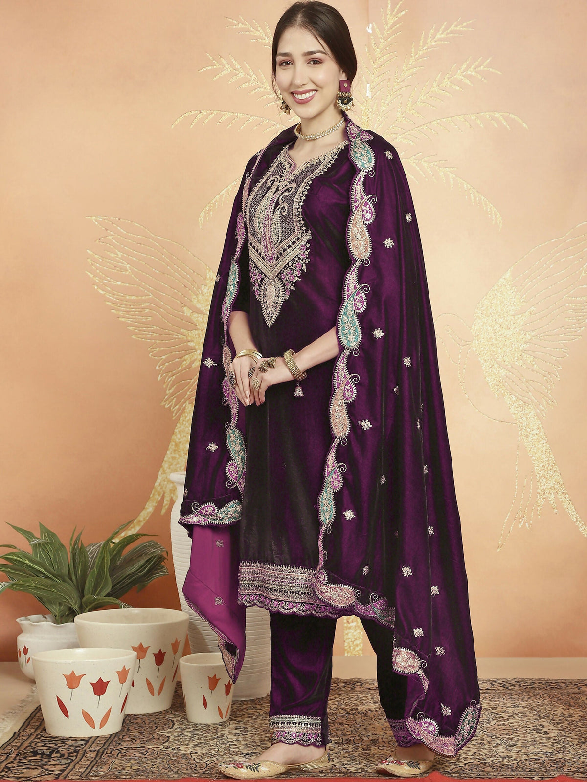 Jyoti Fashion Women's Wine Velvet Cording with Resham Thread & Sequin Kurta with Trouser & Dupatta | Grocsy