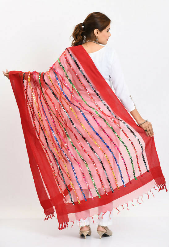 Mominos Fashion Moeza Women's Orgenza Multi Thread Mirror Work Red Dupatta | Grocsy