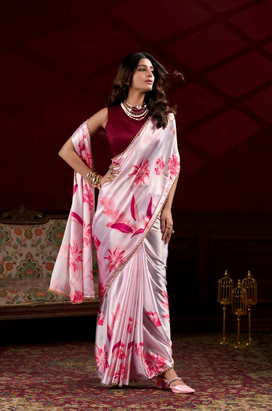 Vastranavya Baby Pink Satin Silk Floral Printed with Pearl Lace Saree with Unstitched Blouse | Grocsy